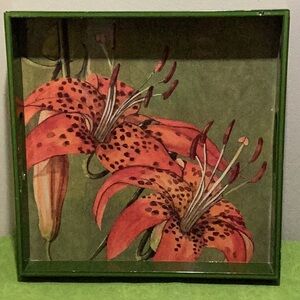 Tiger Lily Flower Party Serving Tray. 15 inches square. Green/Orange Floral.